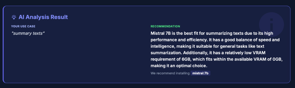 Stackend analysis screen: the engine matches the user's intent to a recommended model based on local hardware